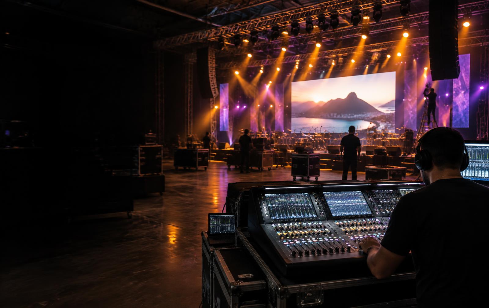 Técnico operando mesa de som em montagem de palco com iluminação e painel de LED